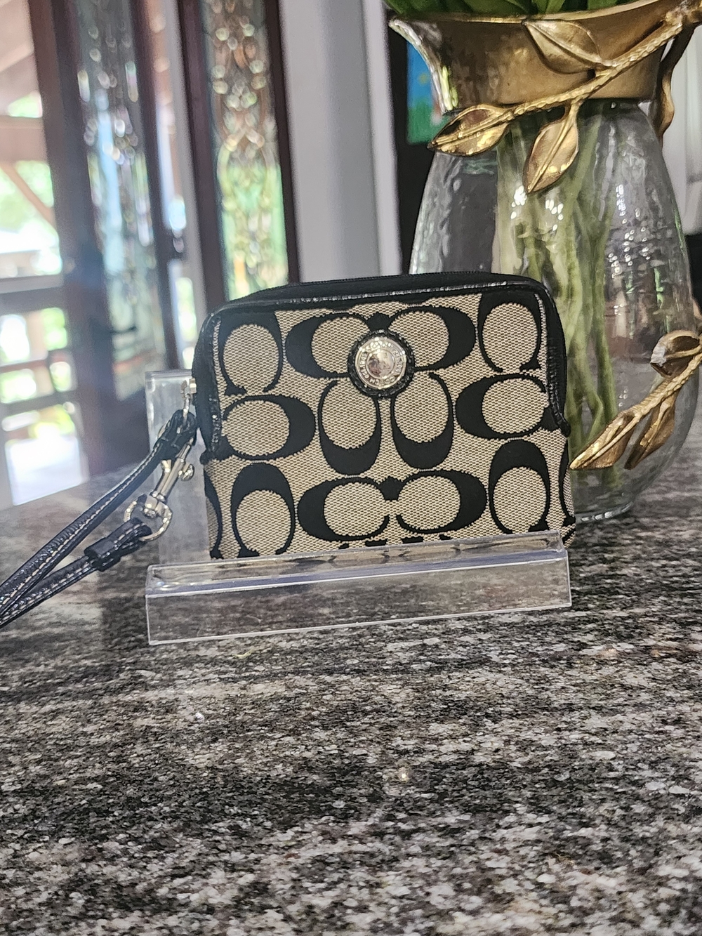Coach Black and Beige Signature Canvas Wristlet
